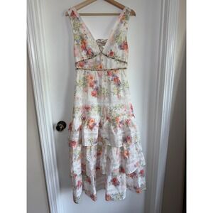 Anewsta Floral Eyelet Tiered Maxi Dress White Beaded Waist Tie Back Size 4 S